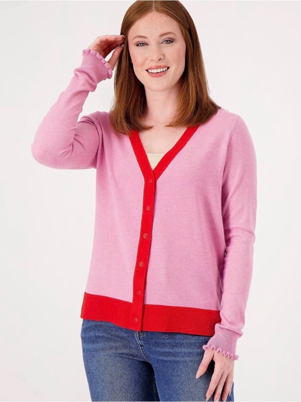 0020 First Love Purple Cardigan with Red Trim - V-Neck Button Front